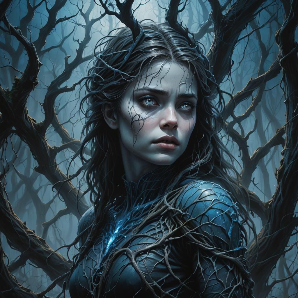 Young Woman Frozen in Terror by Dark Vines in a Mystic Fores...