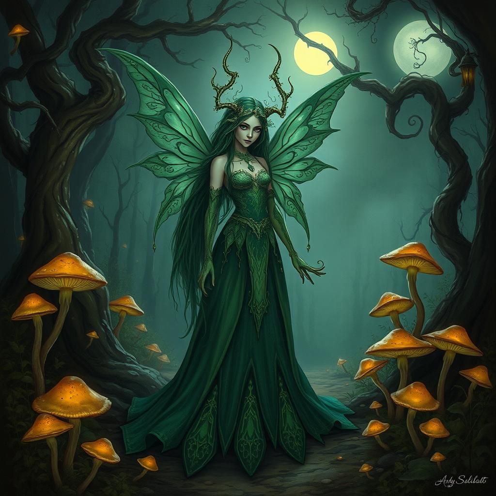 Mystical Drow Fairy in Emerald Gown