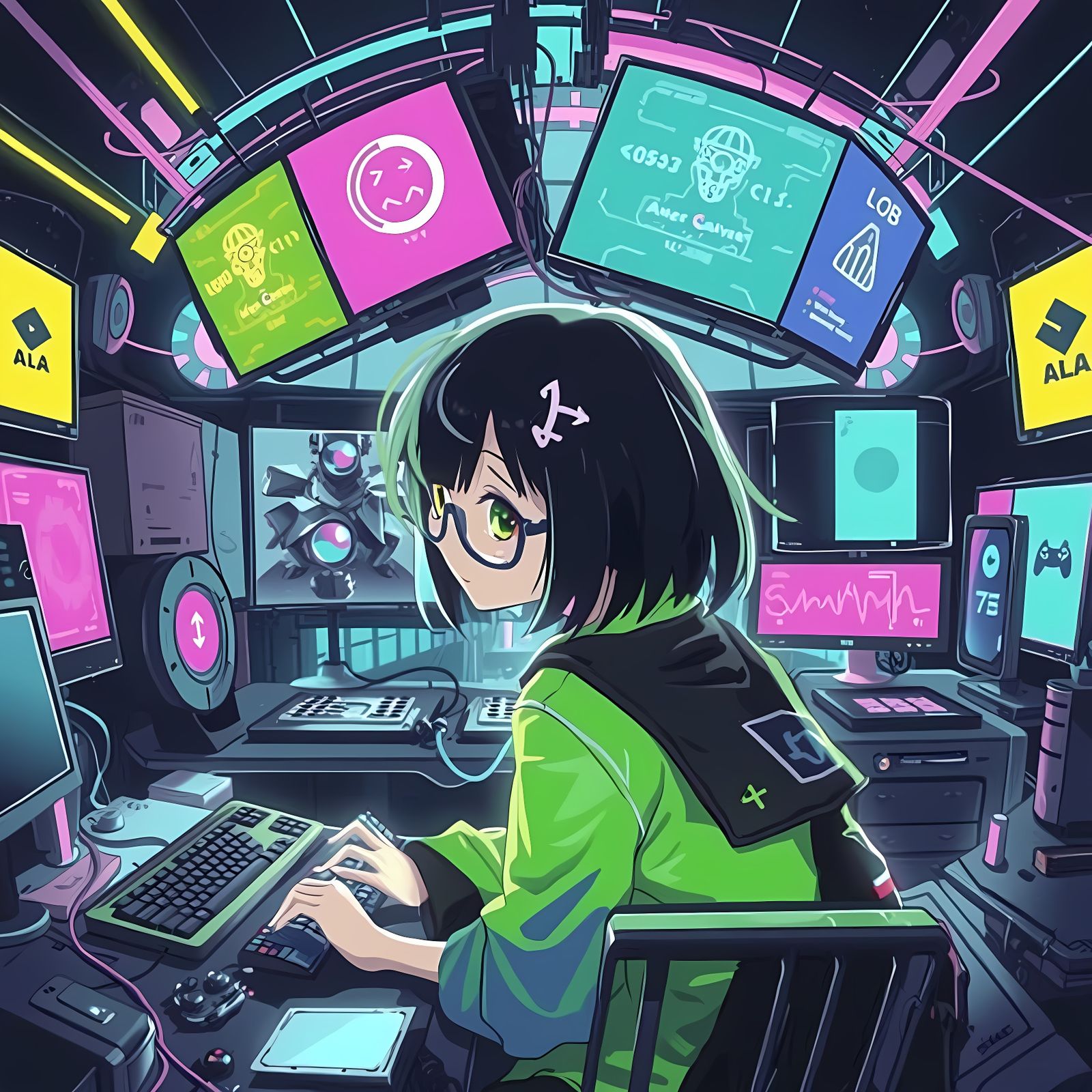 Anime Girl Surveys her Secure Lair in a Vibrant, Flat Style