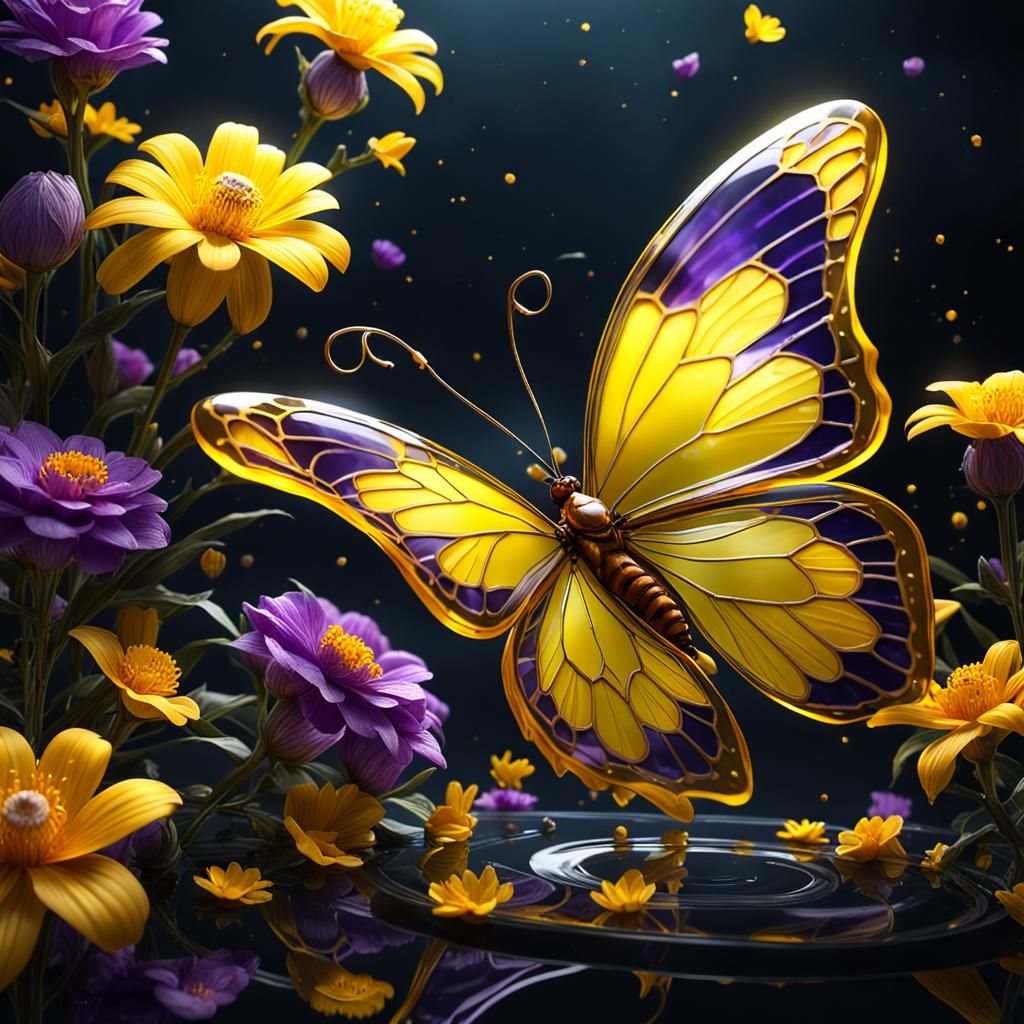 Vibrant Glass Butterfly Amidst Exotic Blooms