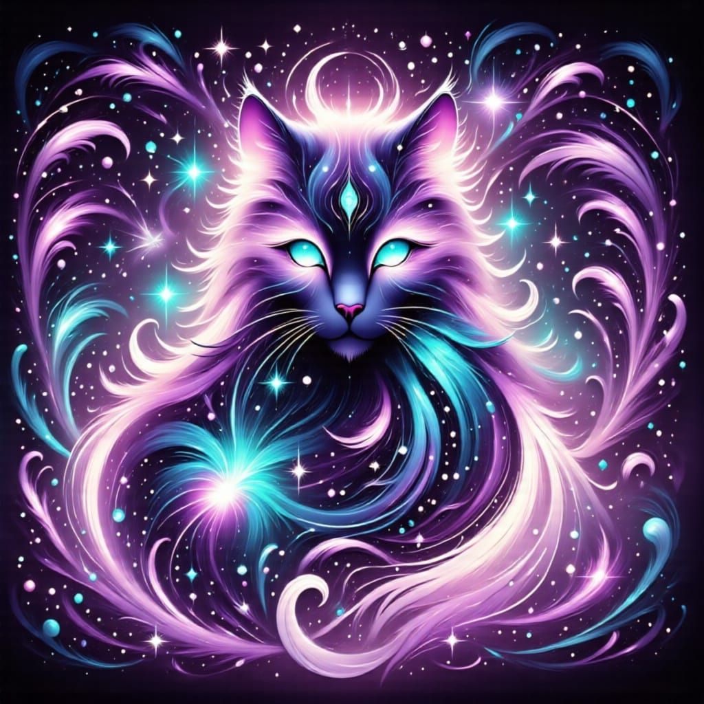 Mystical Cat with Glowing Eyes and Ethereal Woman