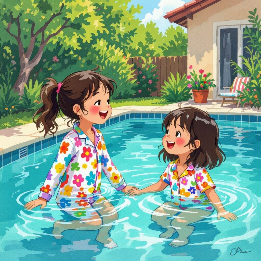 Girls' Pajama Party by Turquoise Pool in Pop Art Style