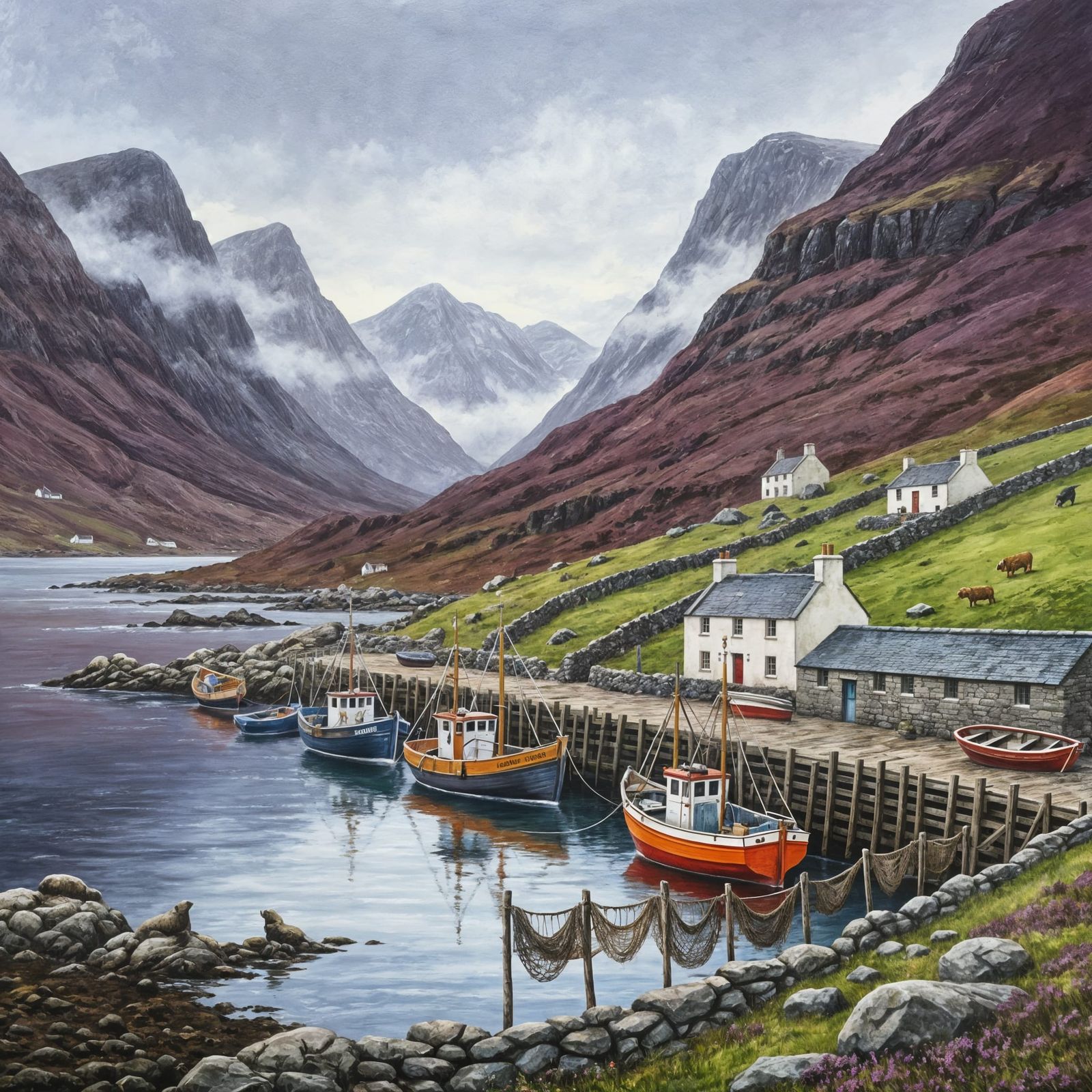 Moody Scottish Harbor Gouache Painting