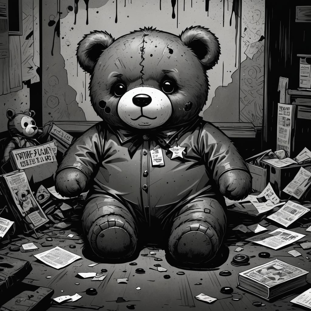 Gumshoe Investigates Crime Scene in Eerie Teddy Bear Noir