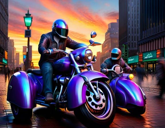 Giant Metallic Motorcycle with Sidecar in Hyperrealistic Dig...