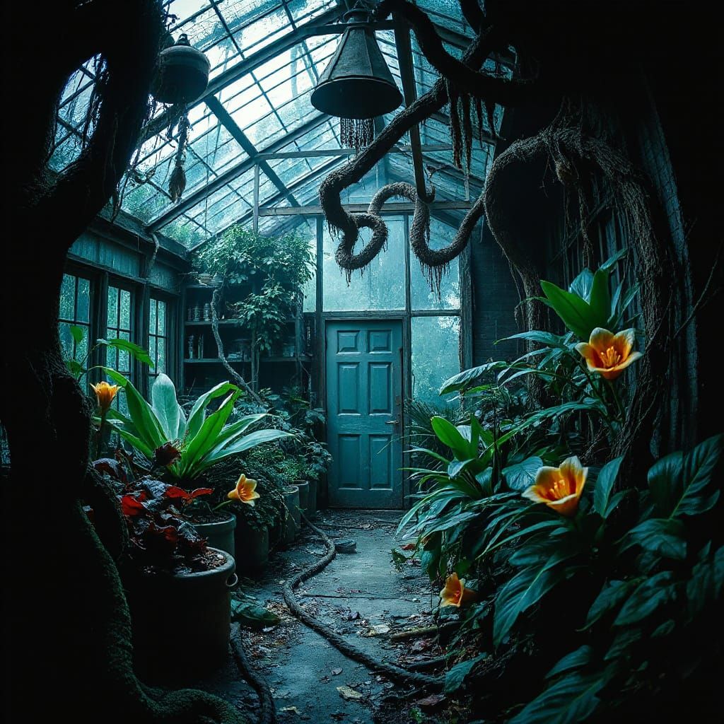 Ominous Greenhouse Overrun with Exotic Glowing Flora