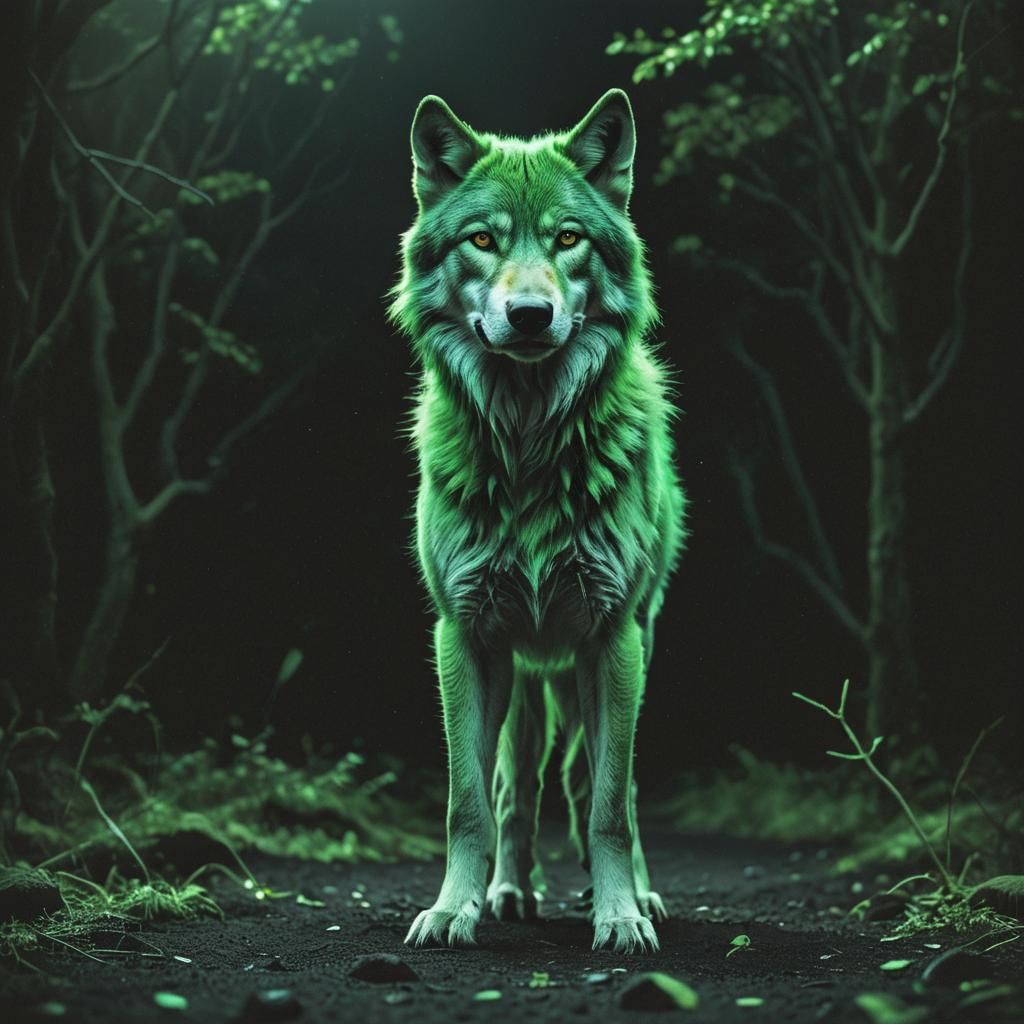 Glowing Green Wolf Emerges from the Shadows