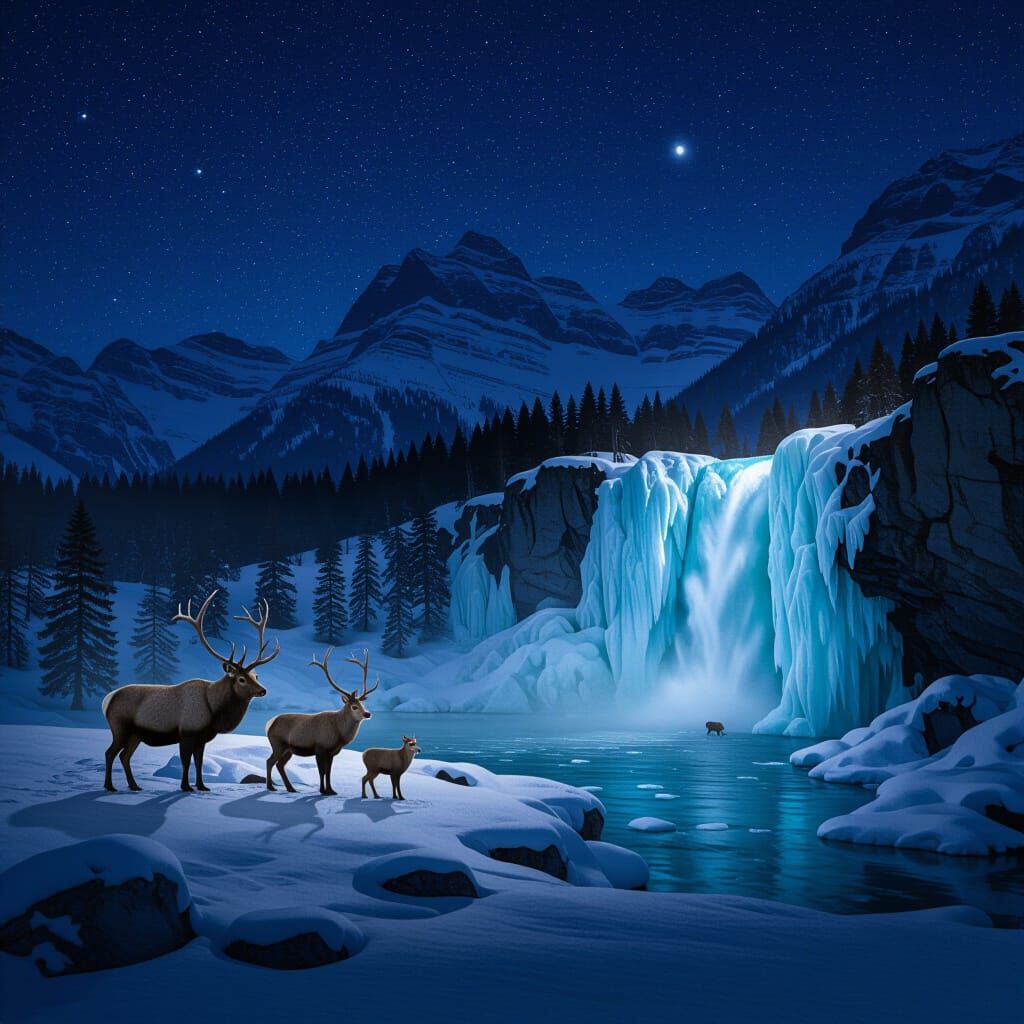Animals Beside Frozen Waterfall Under Night Sky