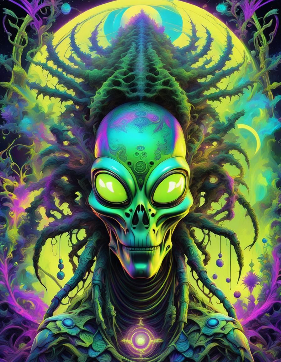 Cyberpunk Alien Mantis in Vibrant Neon Landscape