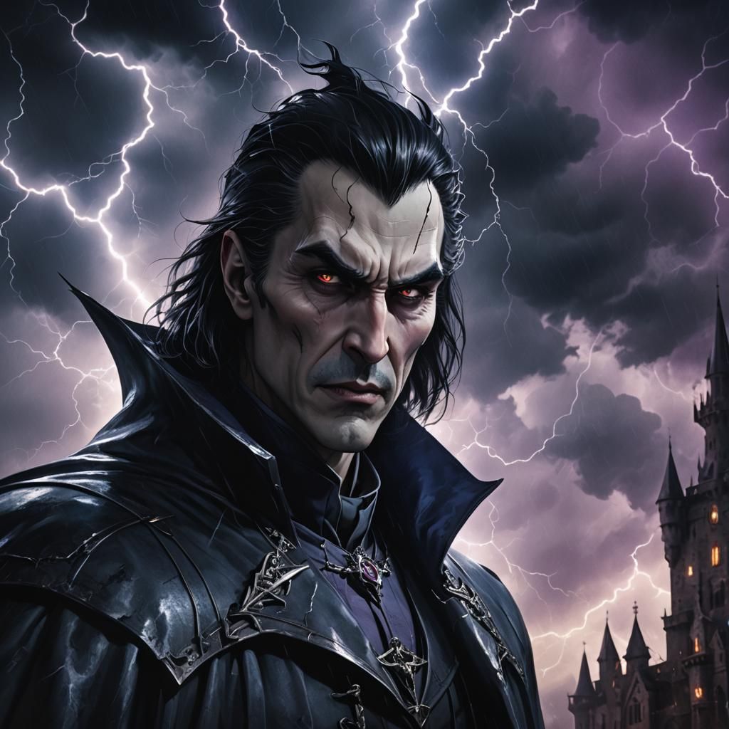 Gothic Count Dracula Illuminated by Lightning in Dark Castle