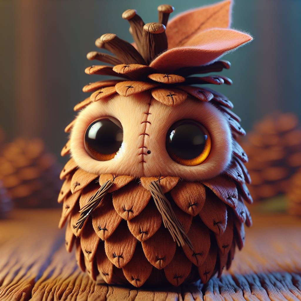 3D Plush Pinecone Creature in Enchanting Forest