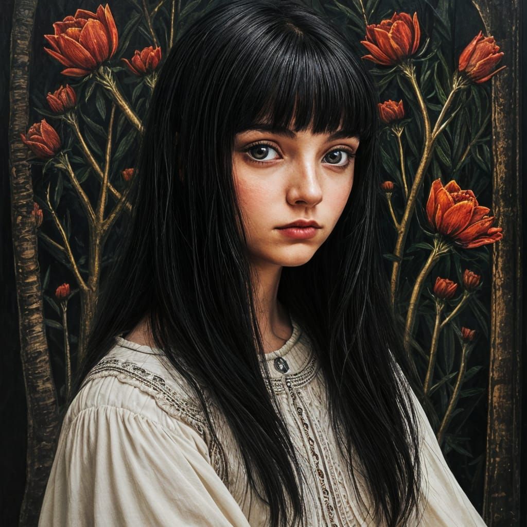 Gothic Adolescent in Crimson Eyes, White Gown