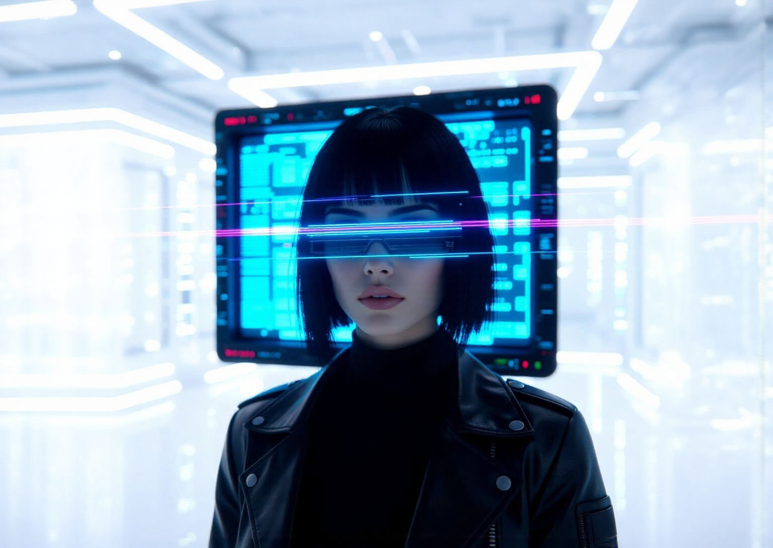 Glitchy Face on Viewscreen with Cyberpunk Computer Banks