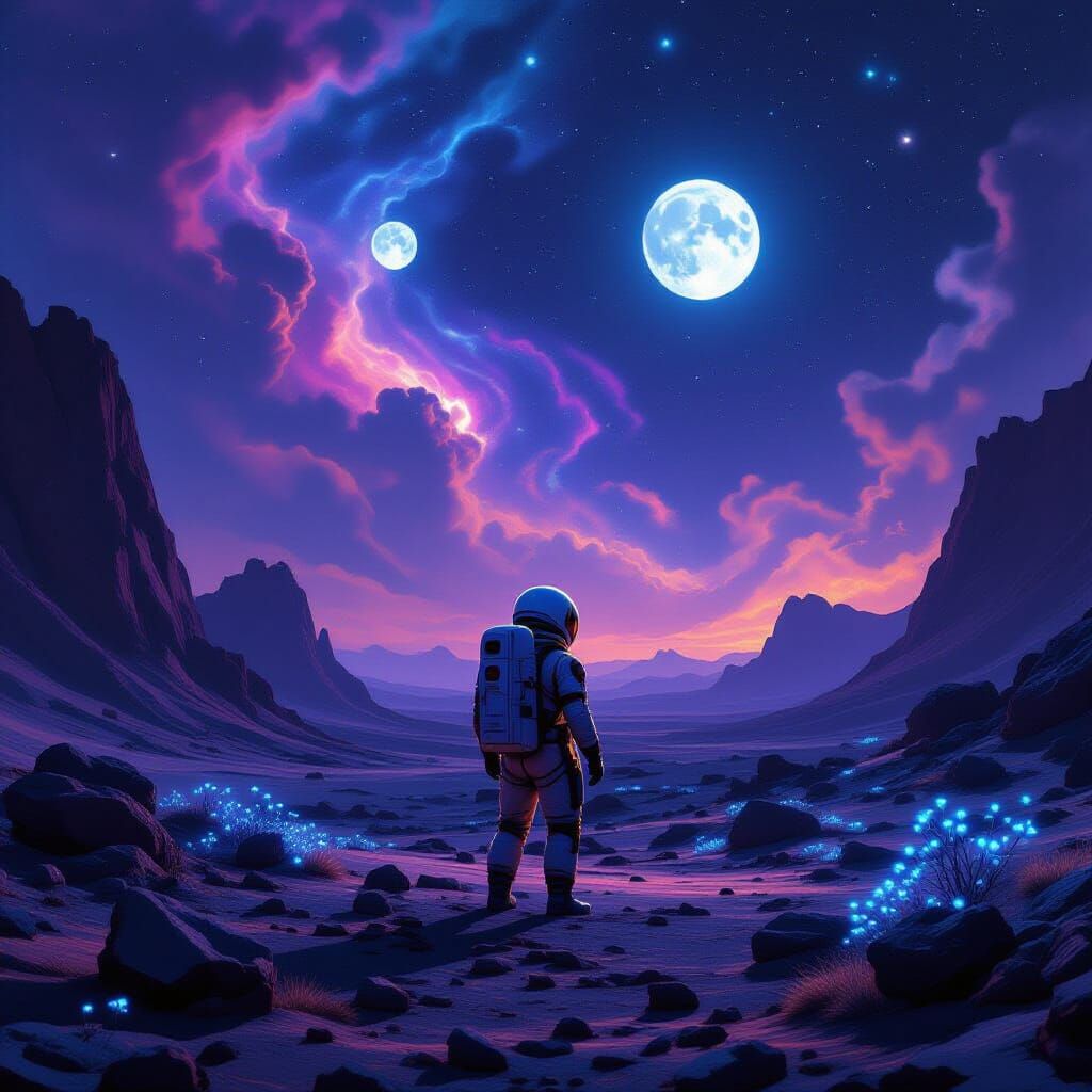 Astronaut on Alien Planet Under Twin Moons