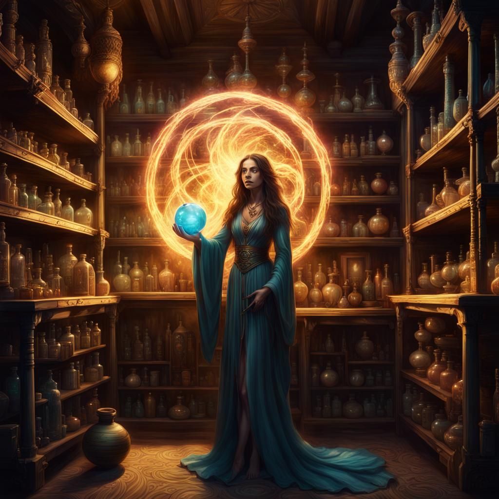 Enchantress in her Vibrant Potion Sanctuary
