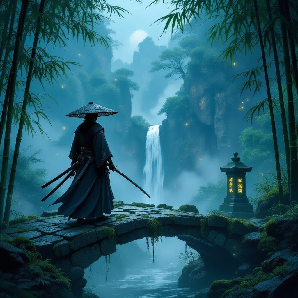 Ronin Samurai on Ancient Bridge in Misty Chasm
