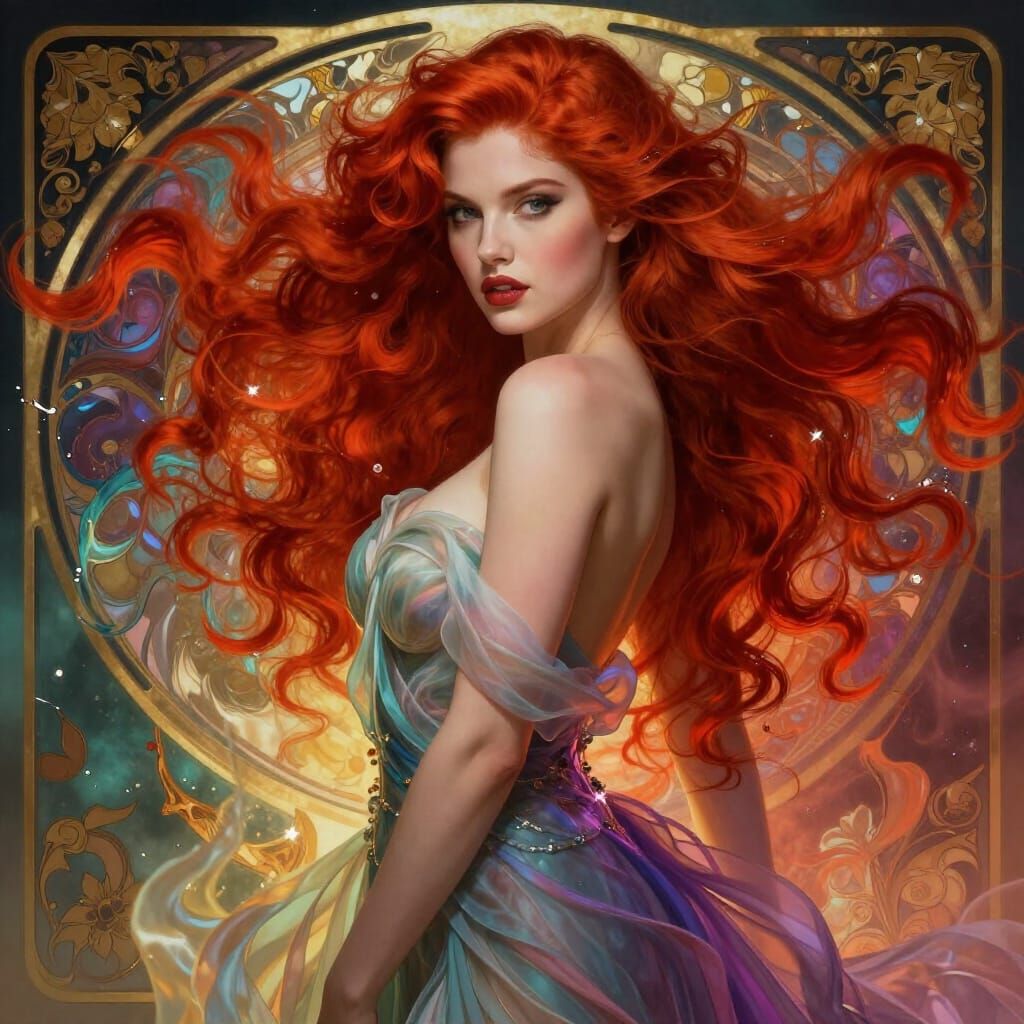 Ethereal Red-Haired Goddess in Rainbow Gown