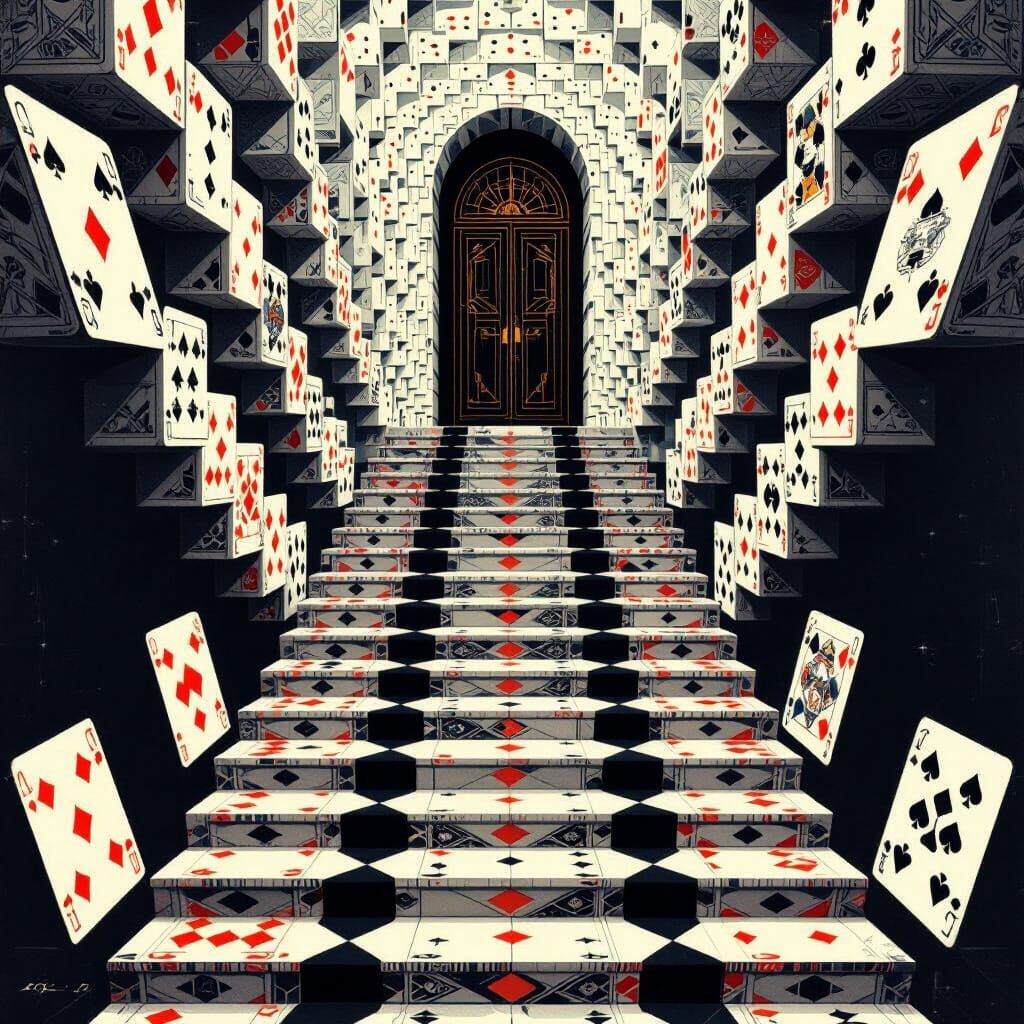 Escher-Style Staircase of Cards to a Mystical Door