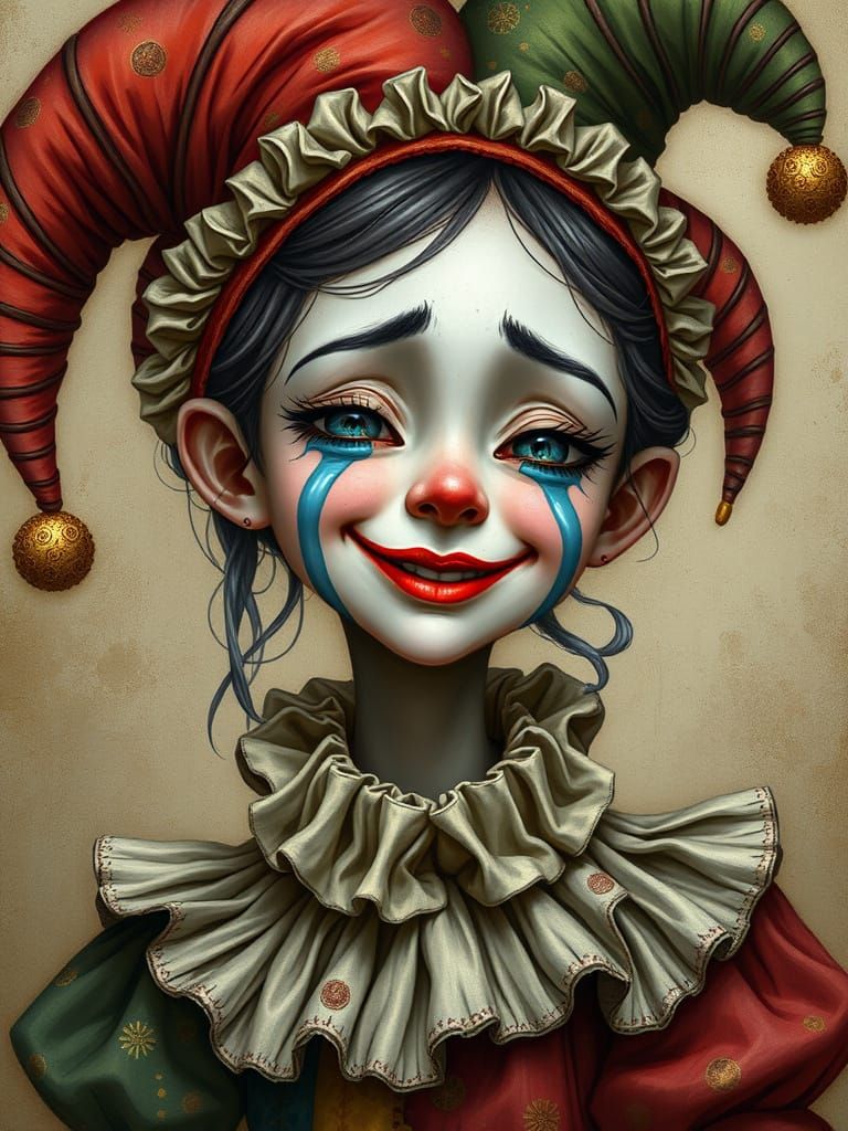 A jester girl crying but going to make it