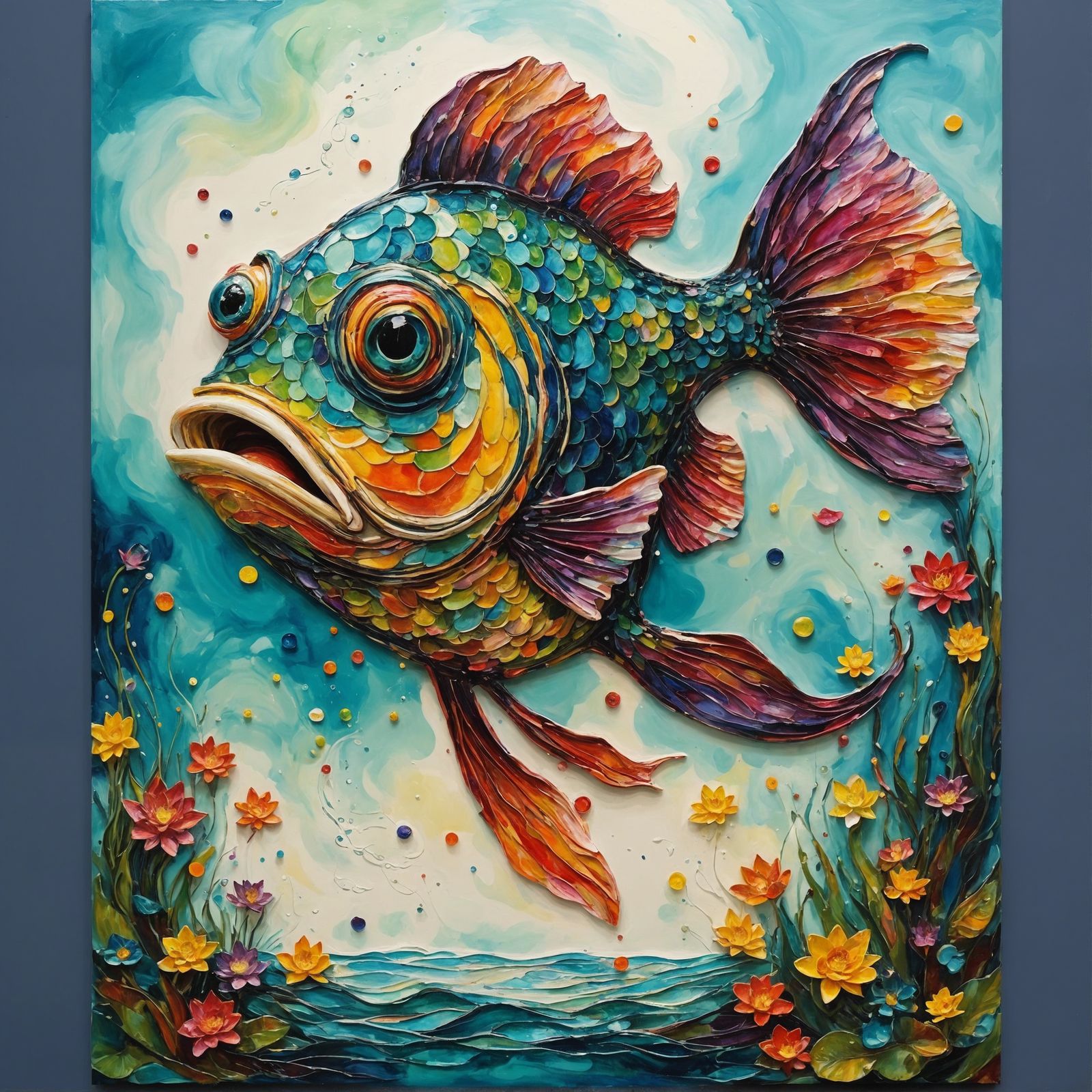 Vibrant Fish Leaps from Tropical Lagoon Under Swirling Skies