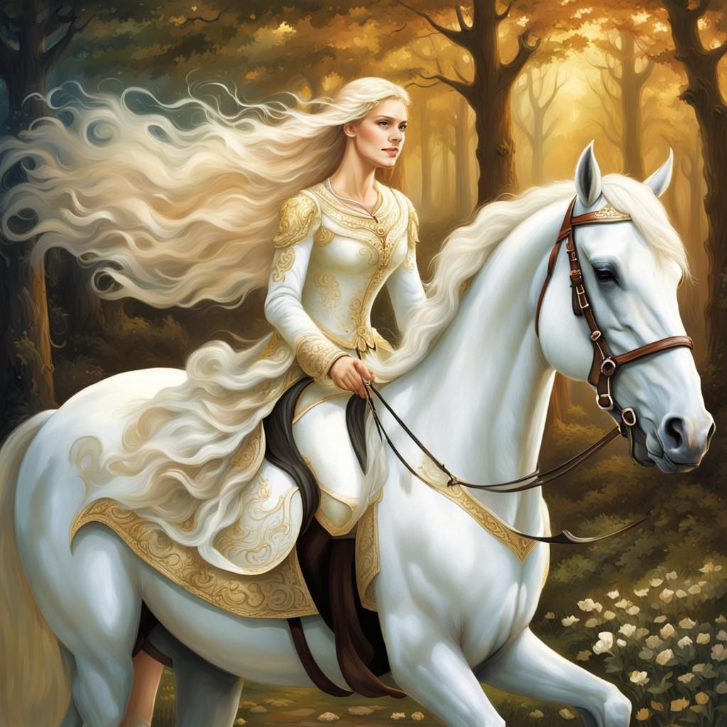 Lady Godiva Rides Horse in Nature with Long Blonde Hair