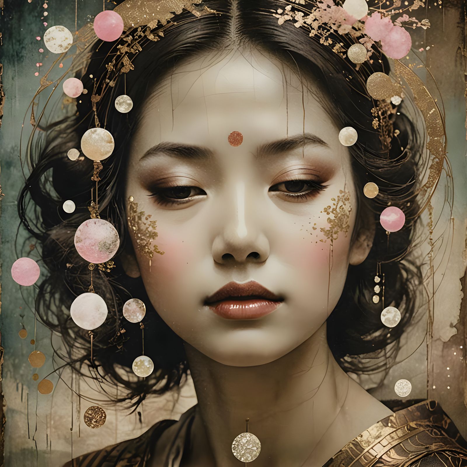 Ethereal Sepia Goddess with Glittering Lips and Celestial Ba...