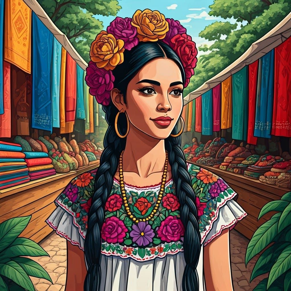 Traditional Latin American Beauty in Vibrant Market Scene