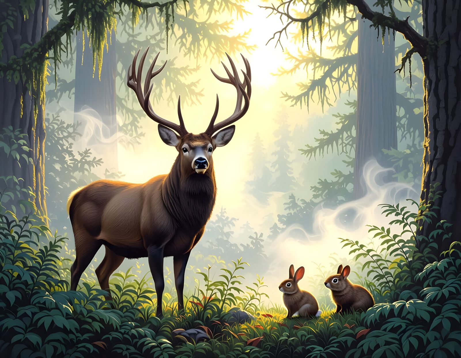 Majestic Deer in Misty Olympic Rainforest