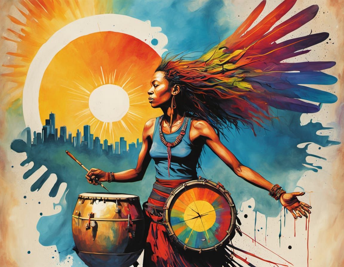 Wild Woman Shamanic Drumming in Vibrant Street Art Style