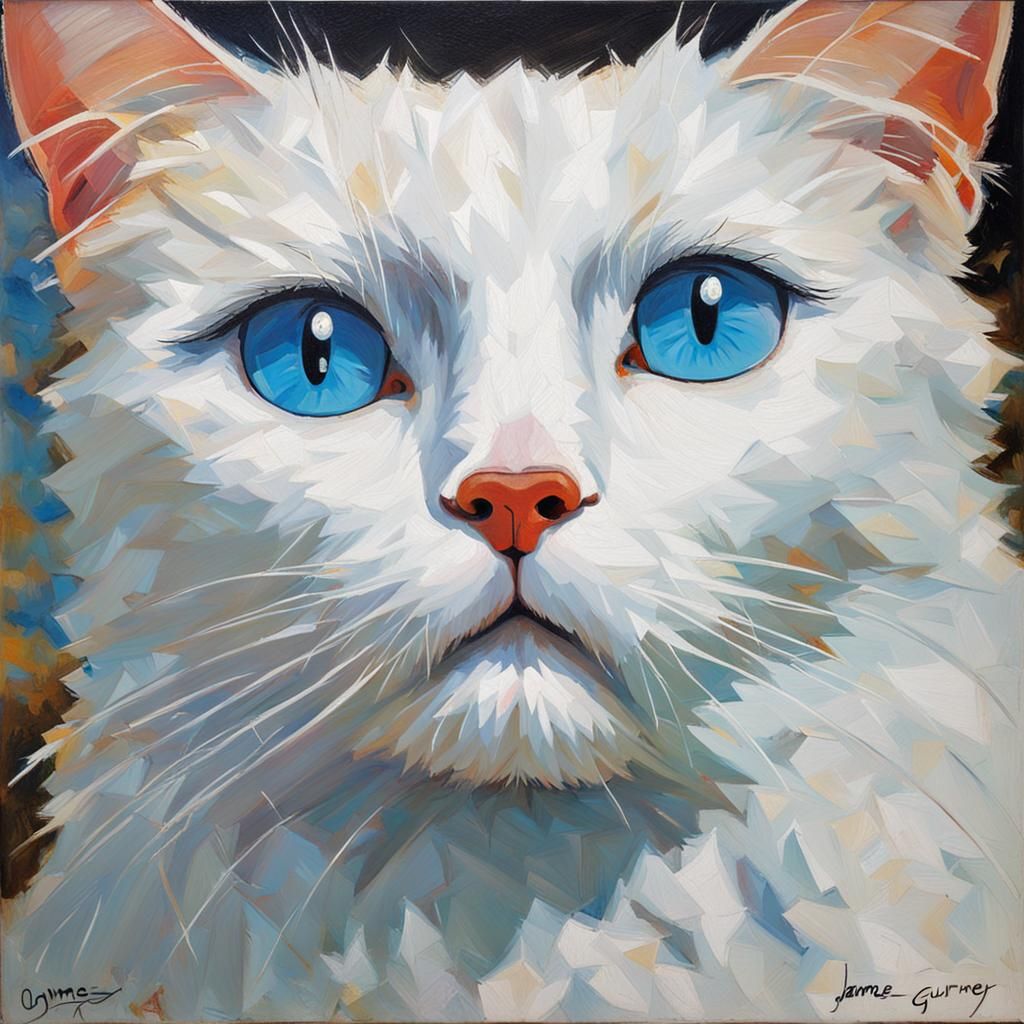 Whimsical Oil Painting of a White Cat with Vibrant Blue Eyes