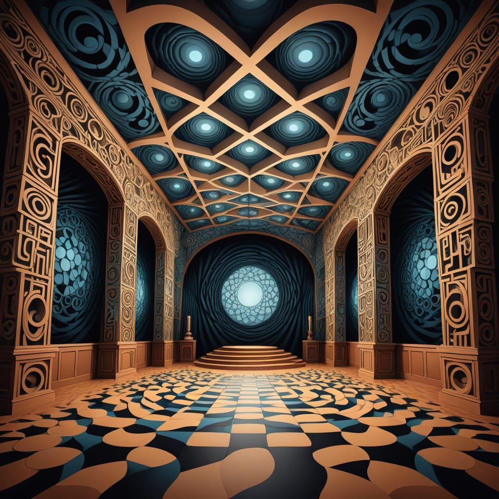 Escher-Inspired Performance Hall with Visible Logic