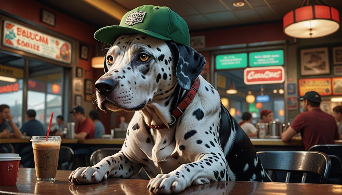 Hyperrealistic Dalmatian in Truck Stop Diner Attire