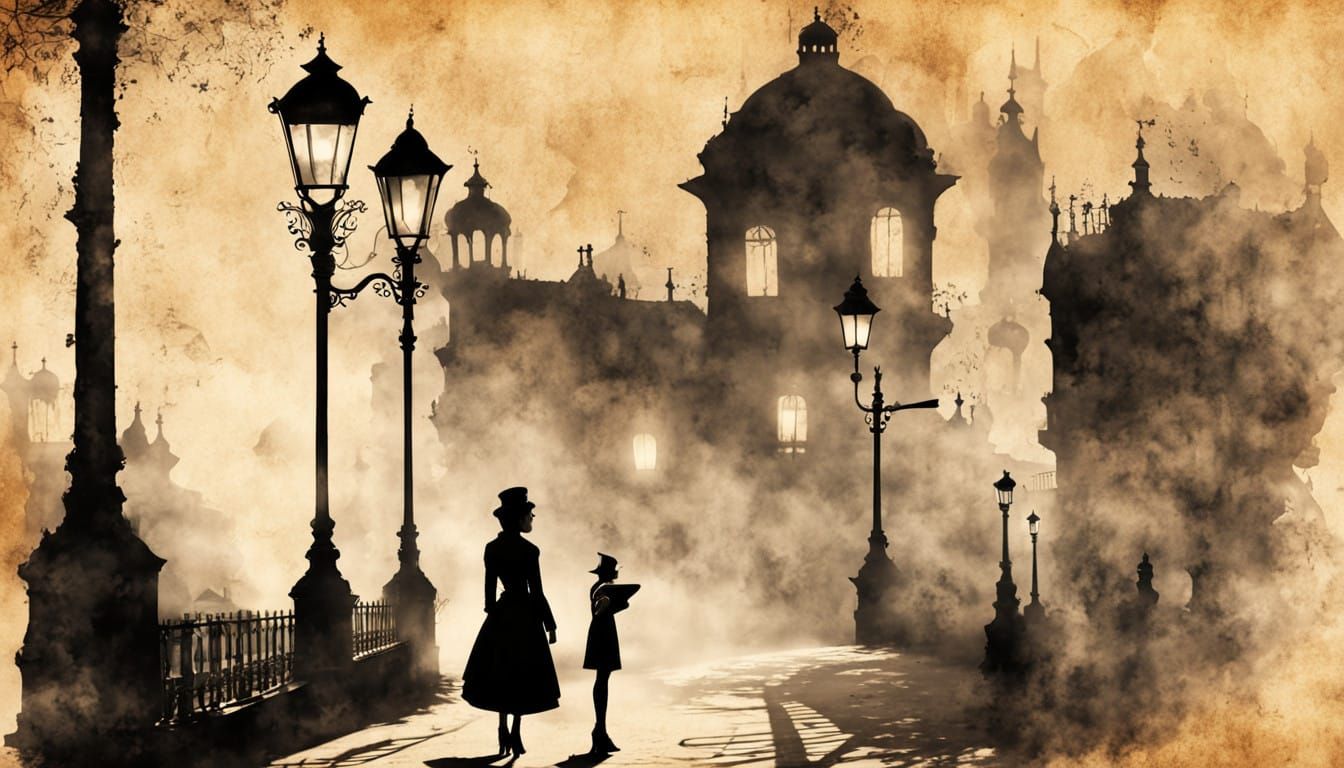 Steampunk Street Scene with Ink Painting Silhouette