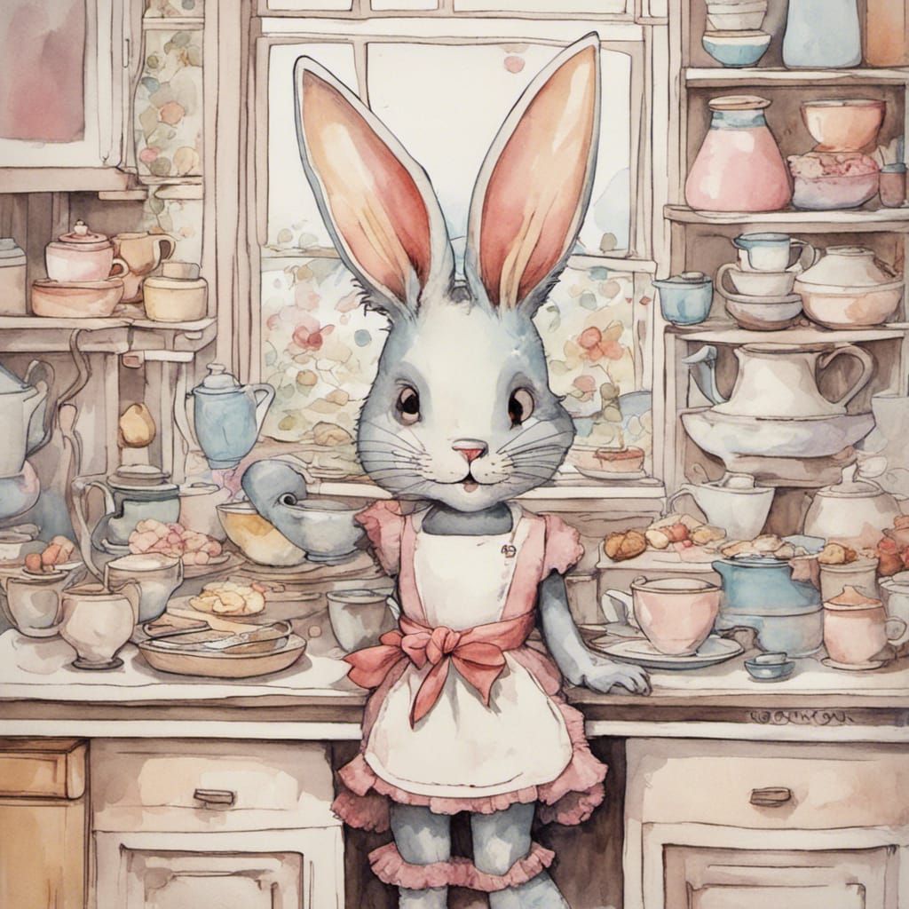 Whimsical Bunny Hosts Tea Party in Charming Pastel Cafe