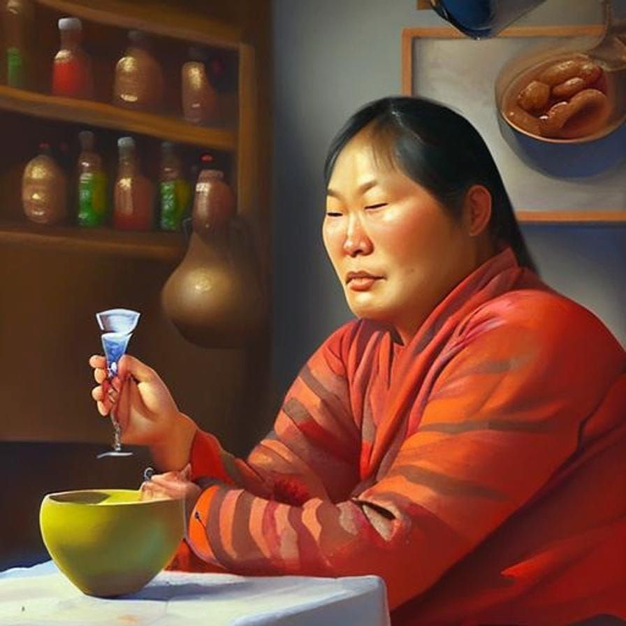 A seller of Lima beans in the Peruvian outback drinks a glass of ice sambuca before the start of the working day