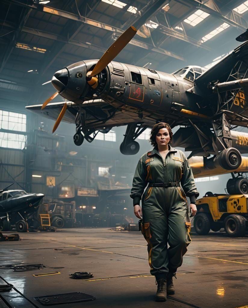 Cyberpunk Hangar Mechanic in Neon Lit Biplane Hangar