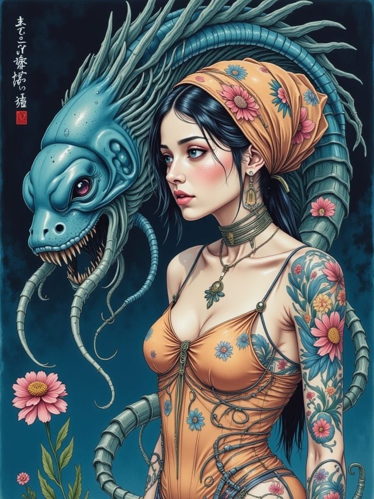 Woman in Floral Headscarf by Etruscan Oarfish Statue