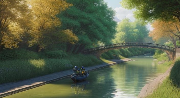 Boys on Bicycles Ride Along a Serene Riverbank in a Vibrant ...