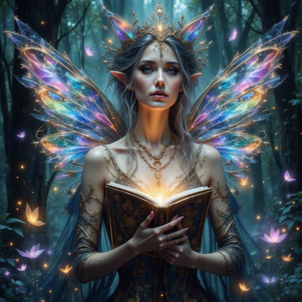 Elfin Queen with Psychedelic Wings Holding Arcane Card