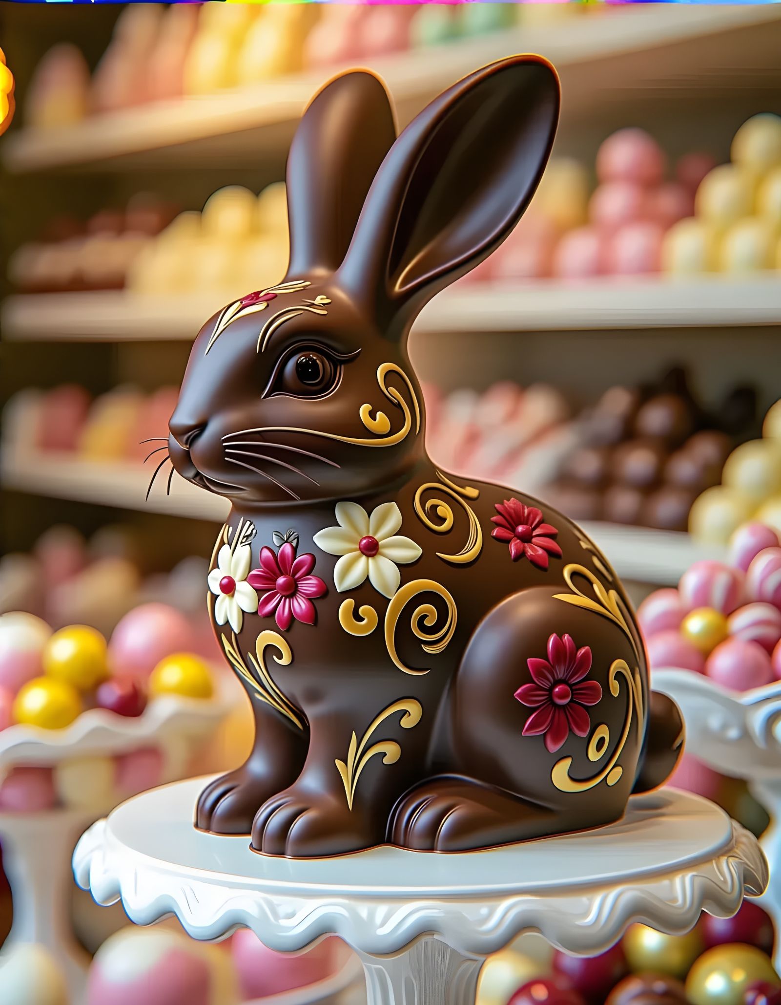 Ornate Chocolate Rabbit Sculpture in Candy Store