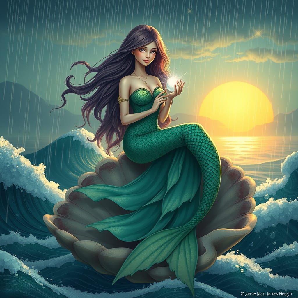 Mermaid on Shell with Pearl at Sunset