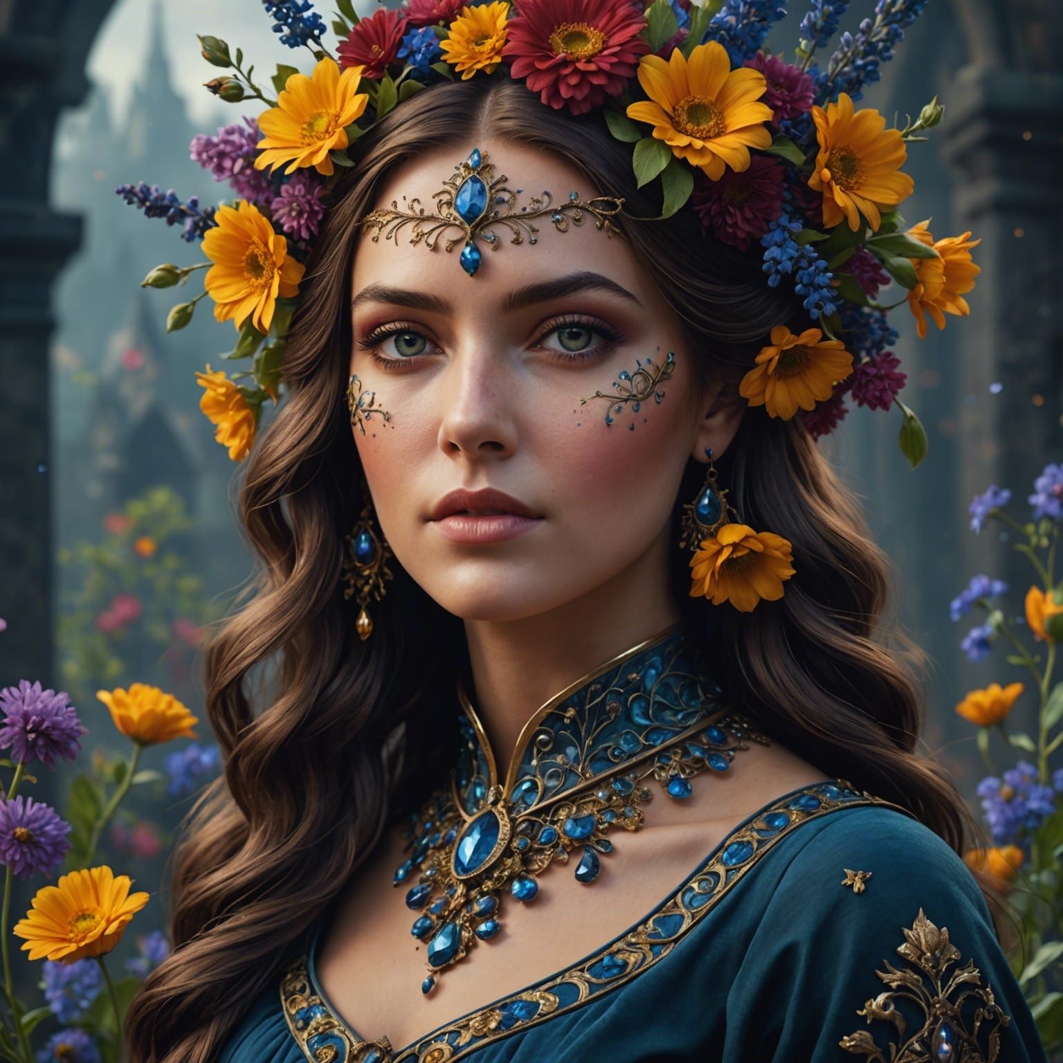 Colorful Female Model with Vibrant Face and Floral Details