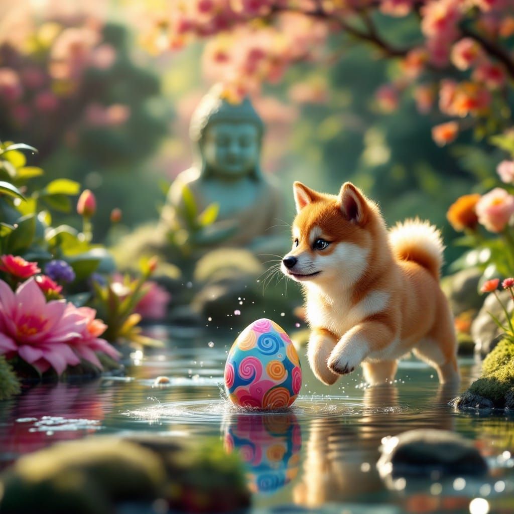 Siberian Shiba Inu Puppy Chases Easter Egg in Serene Japanes...