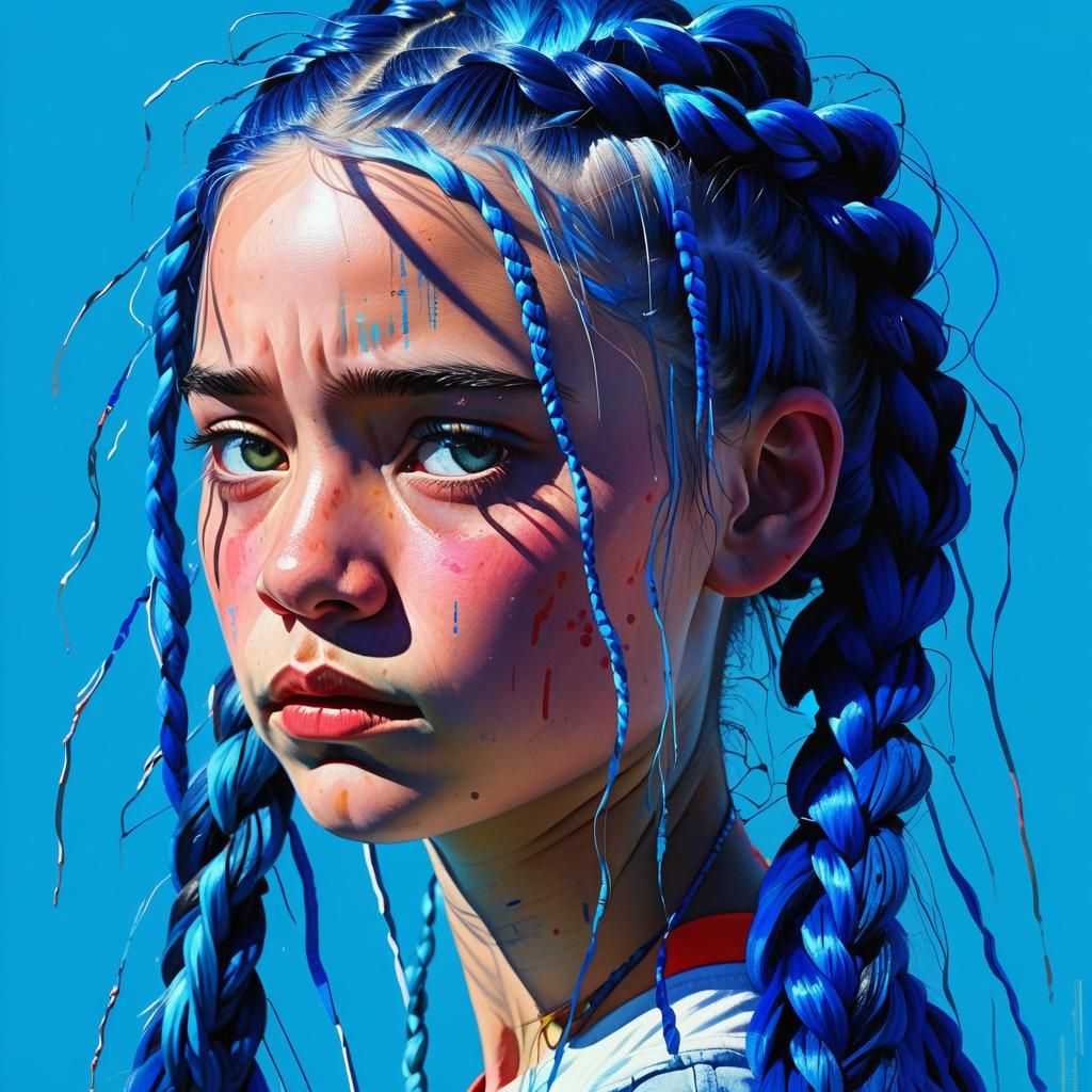 Vibrant Pop Art Portrait with Long Blue Braids in Bright, Bo...