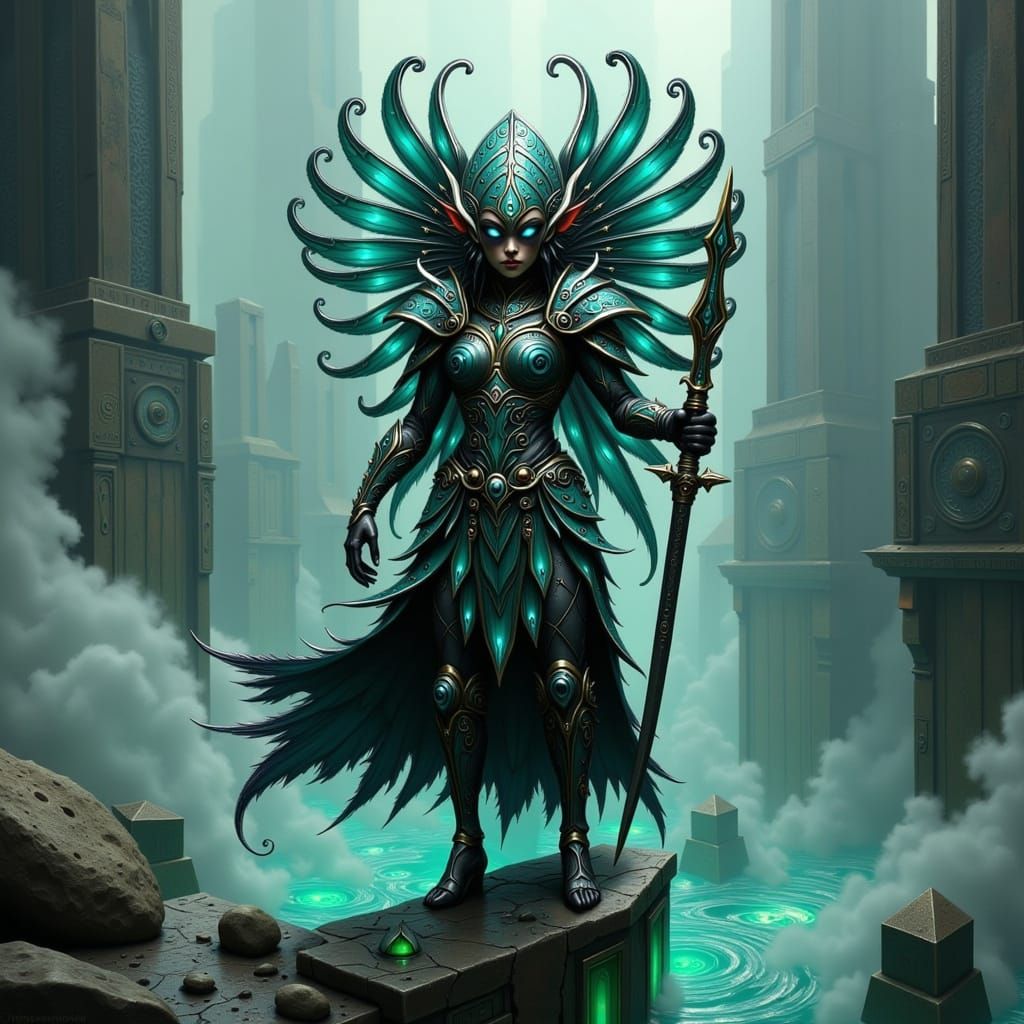 Mystical Quetzalcóatl Warrior in Dark, Iridescent Armor