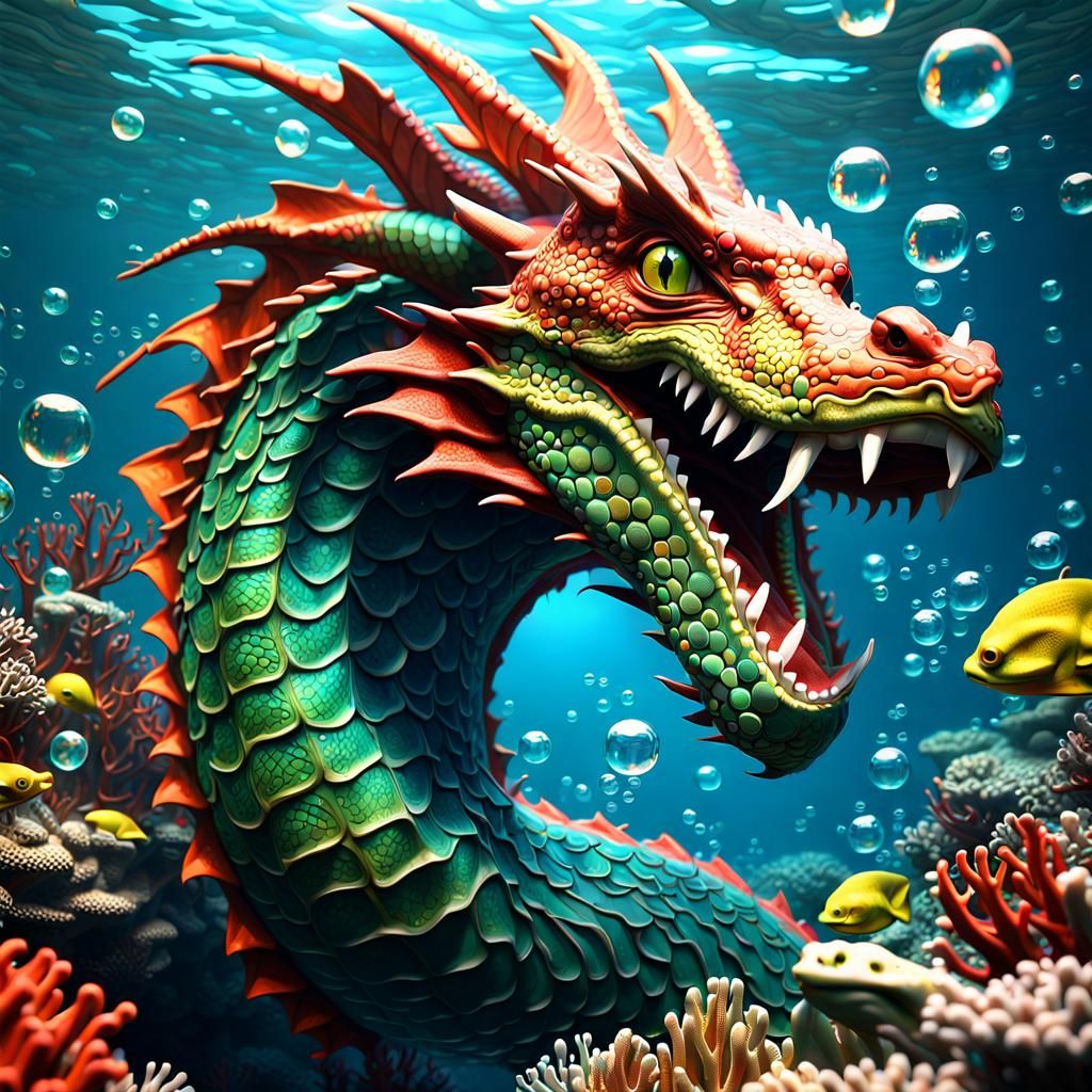 Mythical Underwater Serpent Dragon in Vibrant Coral Reef