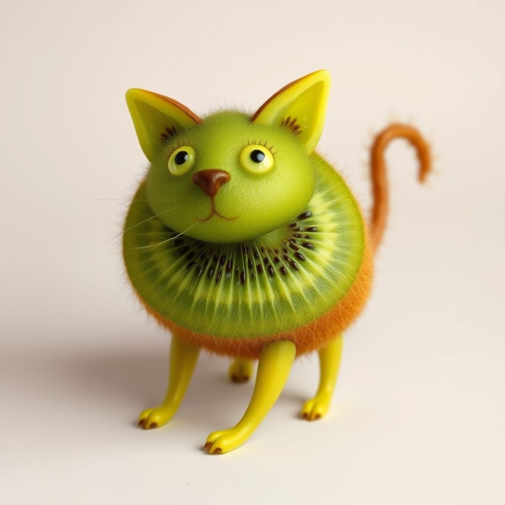 Surreal Whimsy: Kiwi Cat Hybrid in Vibrant Colors