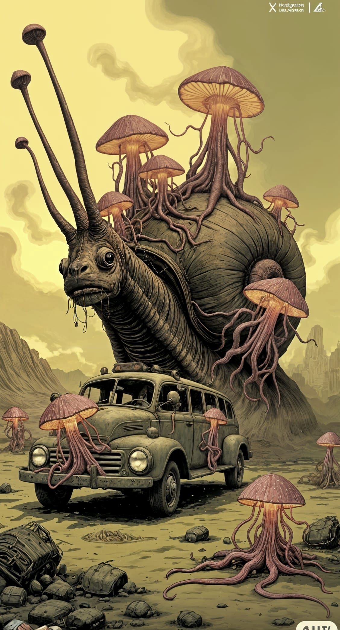 Colossal Horse-Snail with Fungi-Covered Bus in Apocalyptic W...