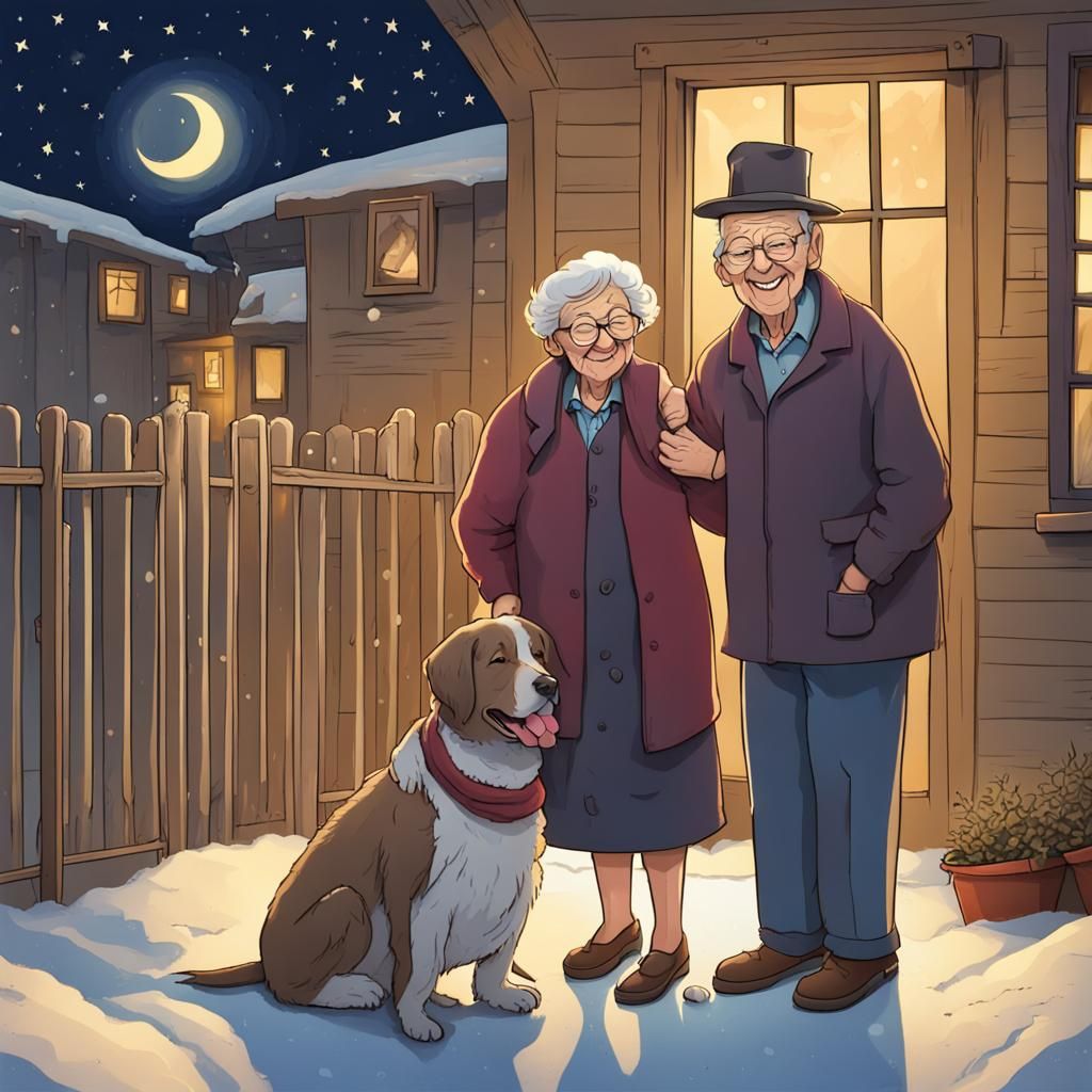 A happy old couple and a dog count down to midnight