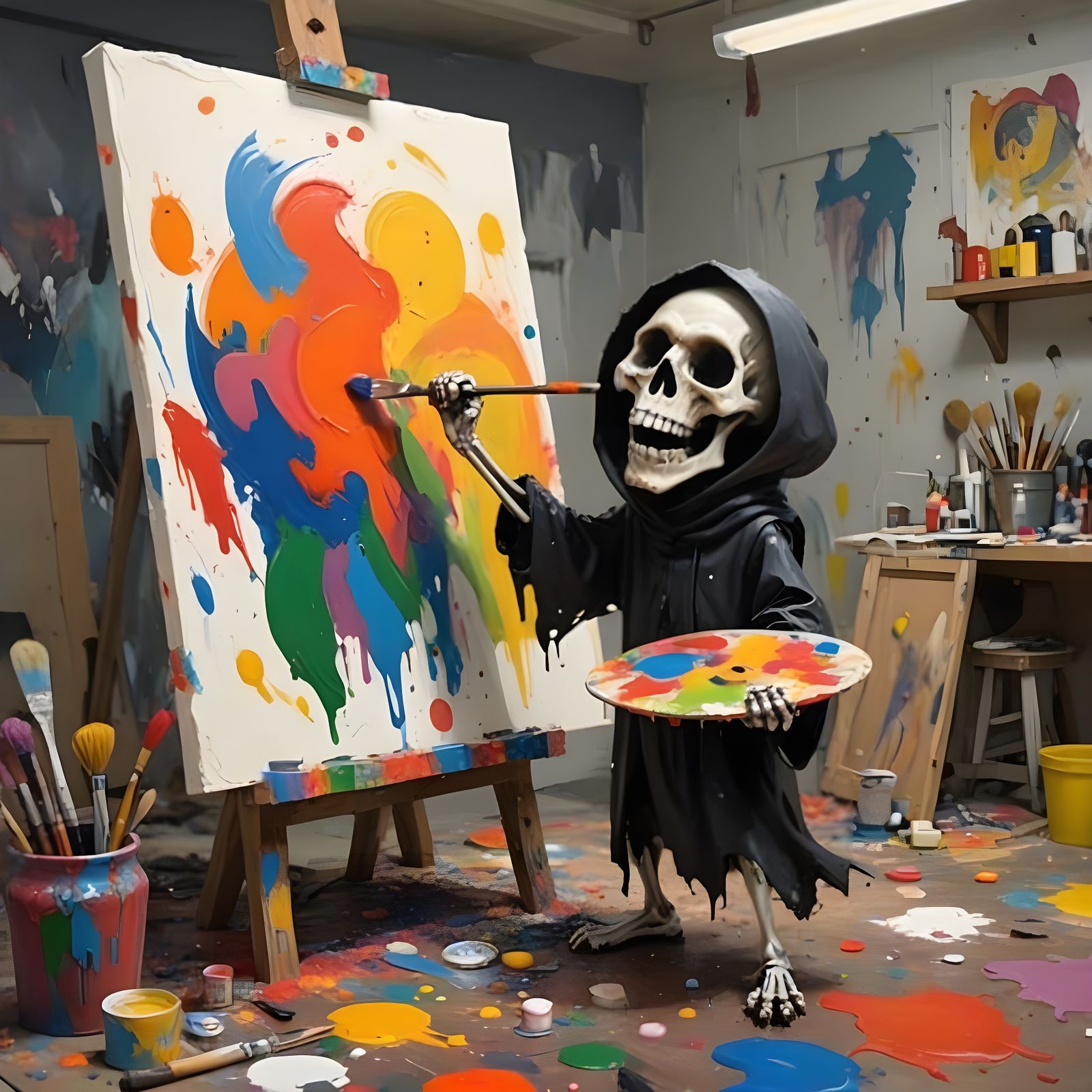Grim Reaper Paints Abstract Masterpiece in Chaotic Studio